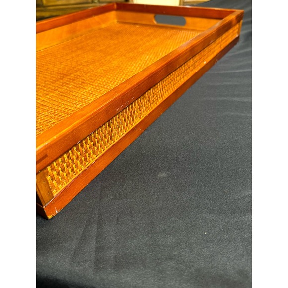 Vintage Wooden Rattan Large Serving Tea Fruit Dinner Tray 21" x 13.5” - Picture 4 of 8